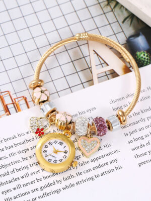 Gold Bracelet Watch with Floral Charms - Adjustable Alloy Bangle Quartz Watch for Couples