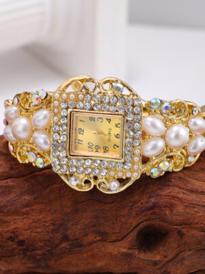 Pearl Bracelet Watch for Women - Fashionable Beaded Wristwatch with Diamonds and Gold Accents