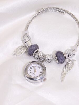 Silver Bracelet Watch with Floral Charms - Adjustable Beaded Quartz Watch for Couples